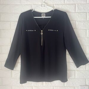 Anne Klein Women's Top Large Black W/Gold Accents 1/4 Zip